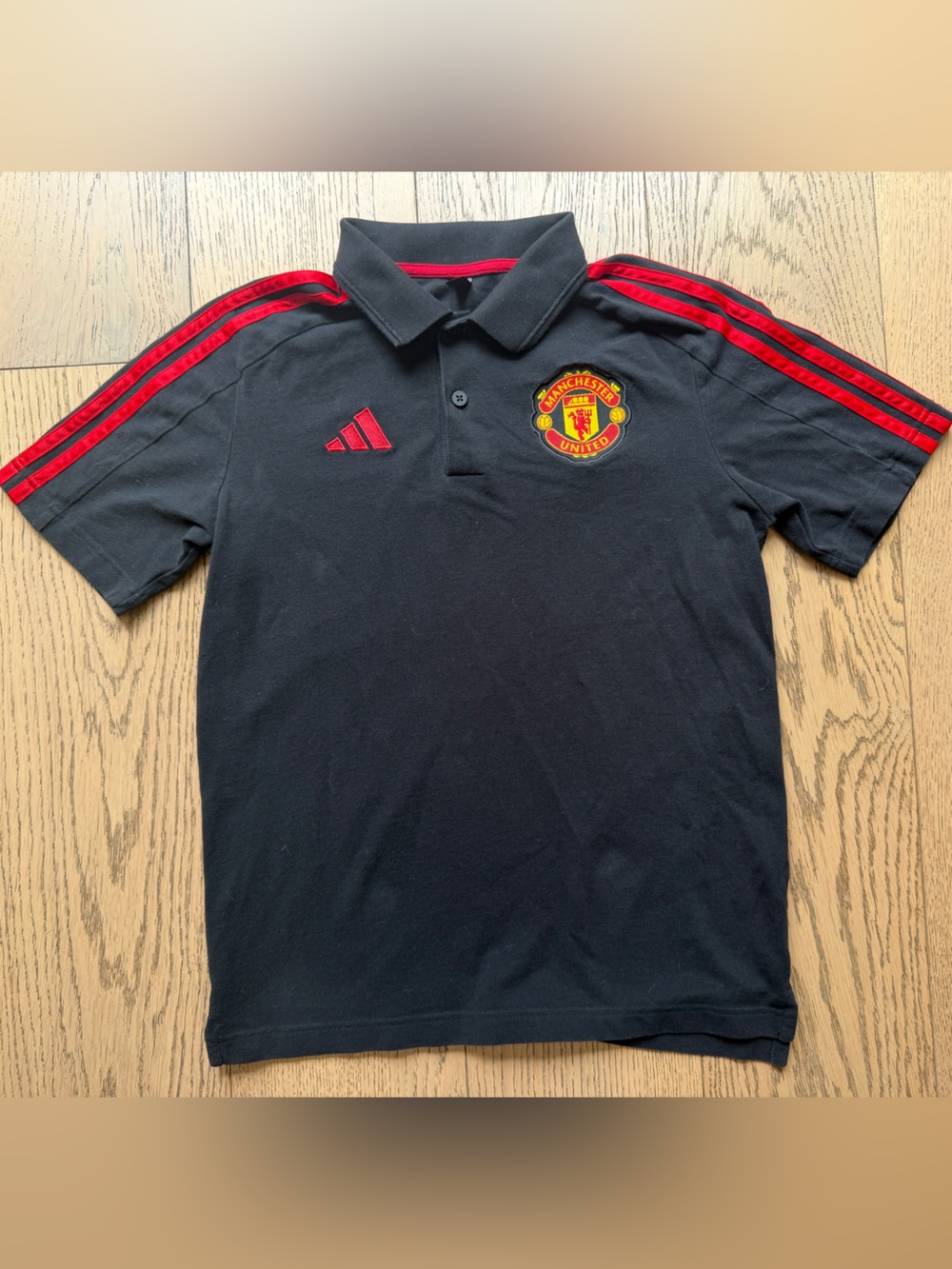 adidas x Manchester United Men’s Black Short Sleeve Polo w/ Red Stripes, Sz S